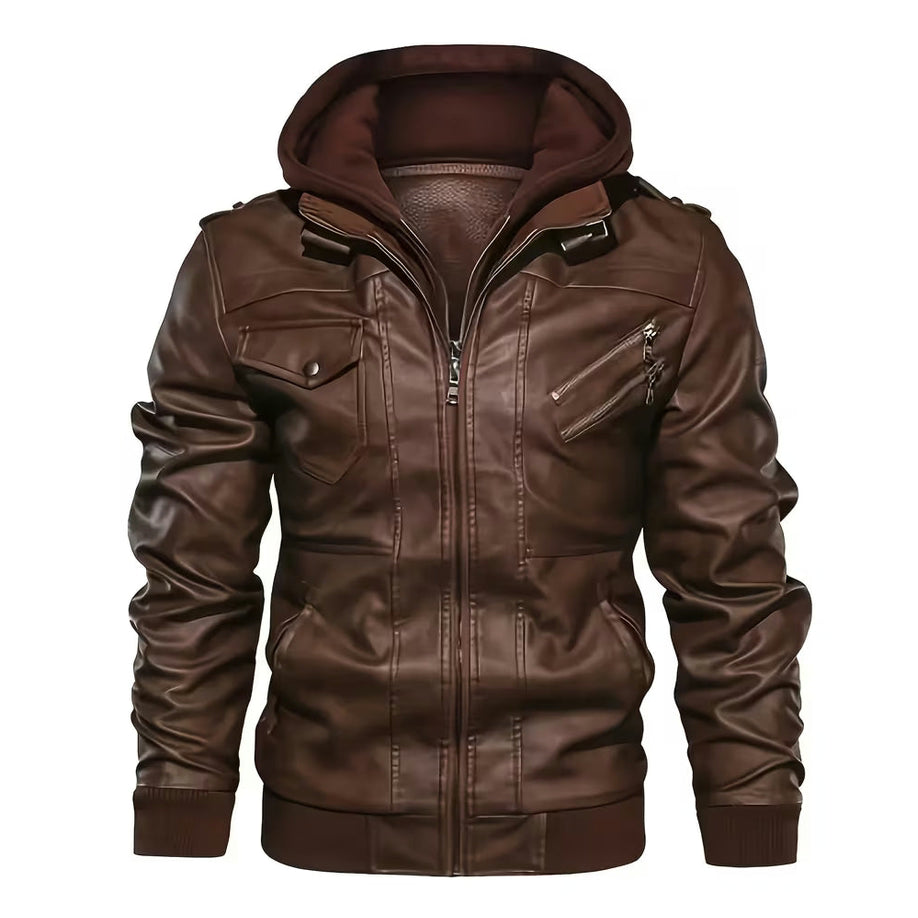 Vintage PU Leather Hooded Jacket for Men