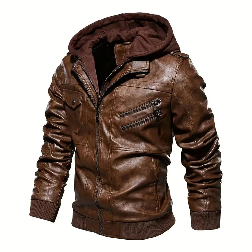 Vintage PU Leather Hooded Jacket for Men