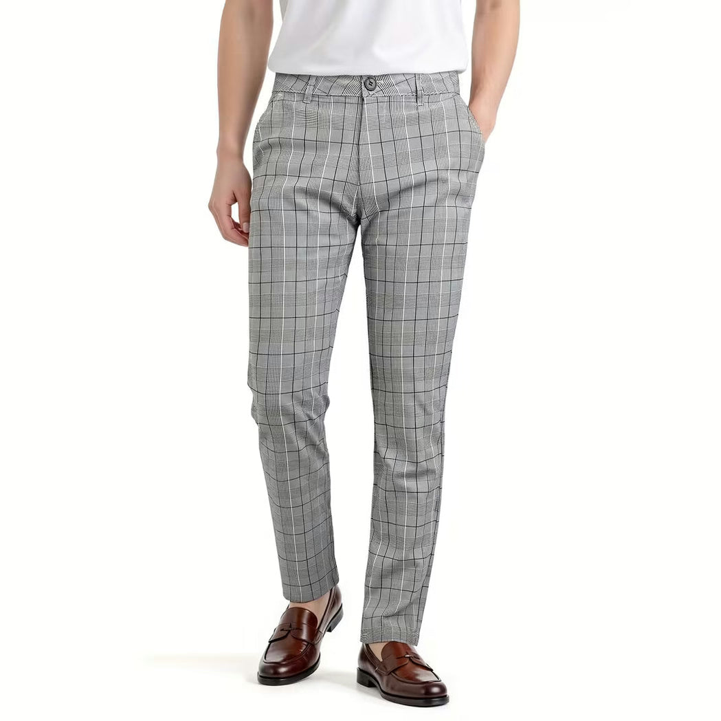 Grey Tartan Slim Fit Suit Trousers for Men