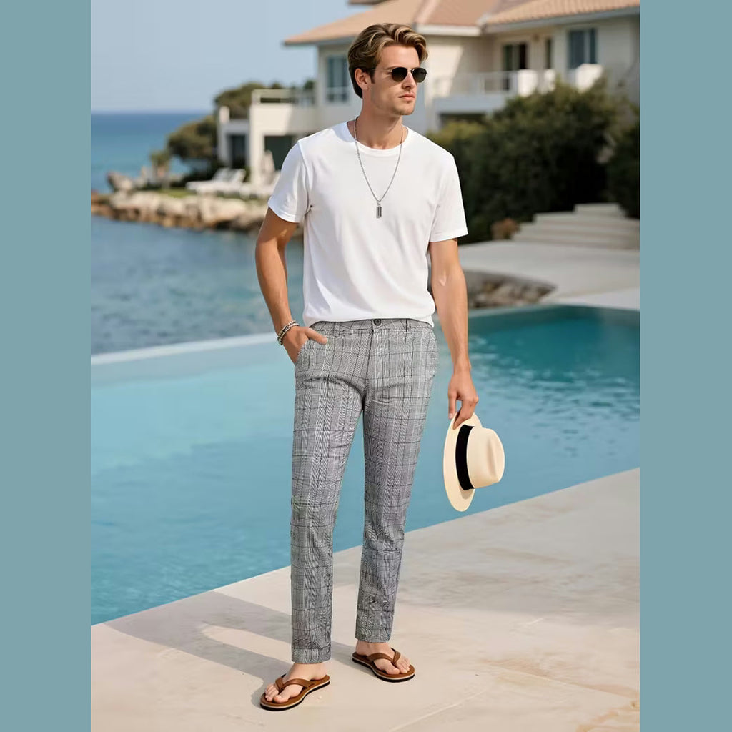 Grey Tartan Slim Fit Suit Trousers for Men