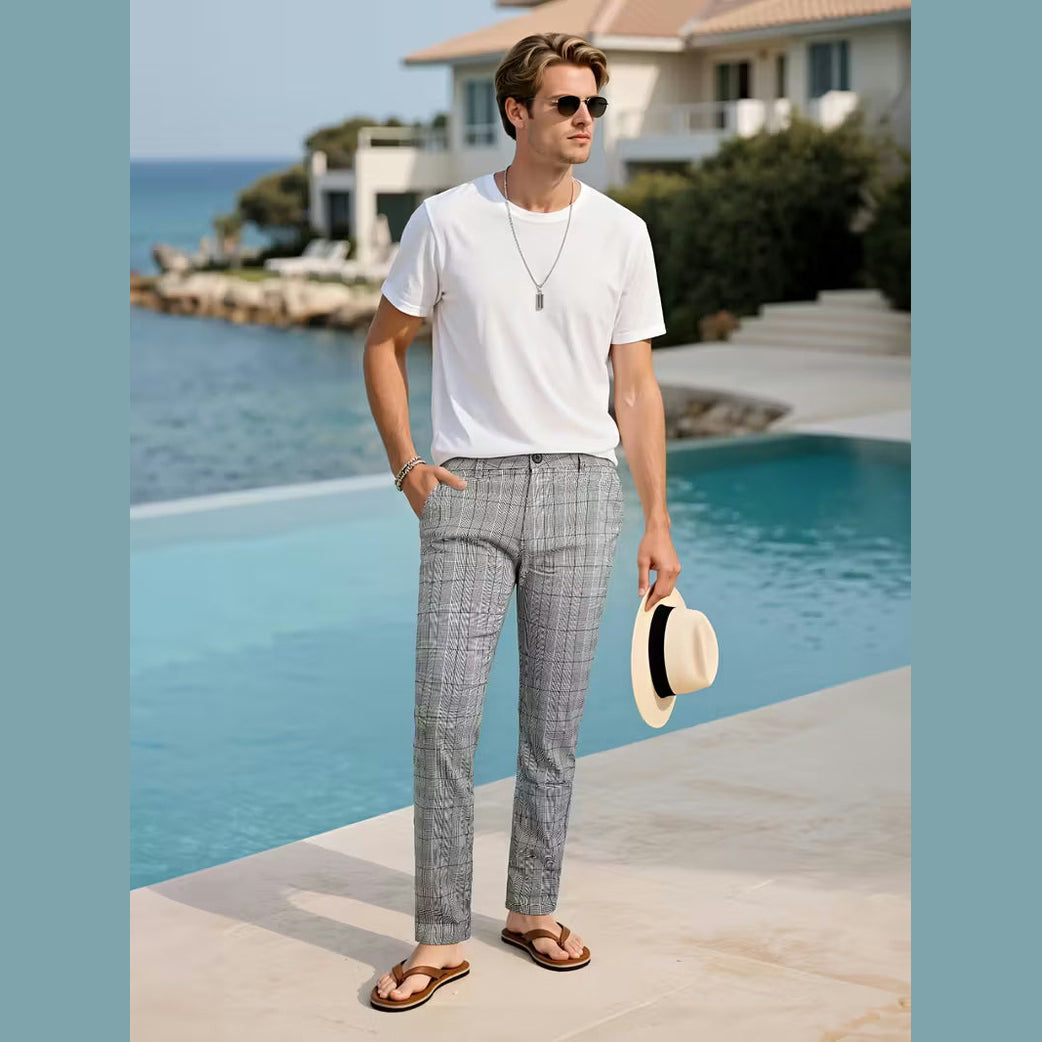 Grey Tartan Slim Fit Suit Trousers for Men