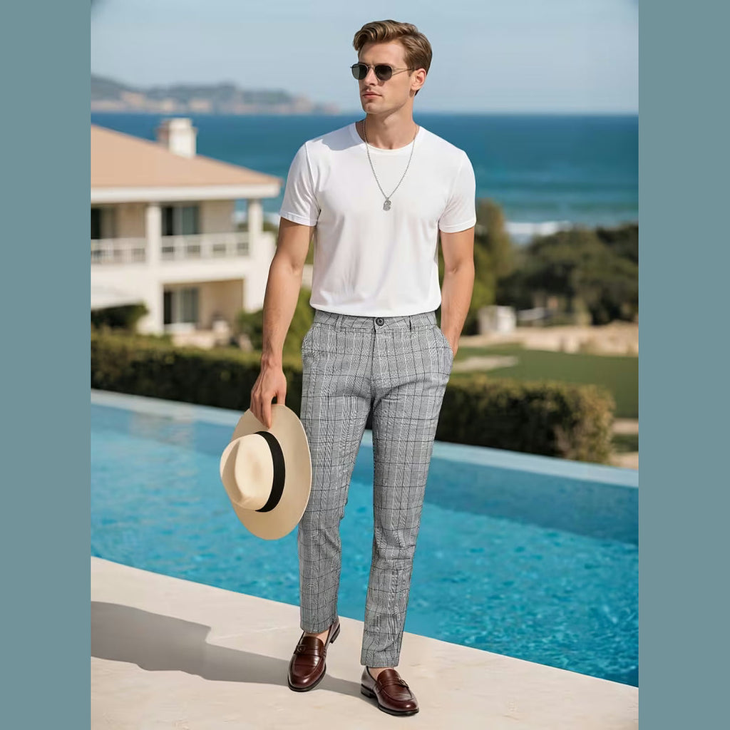 Grey Tartan Slim Fit Suit Trousers for Men