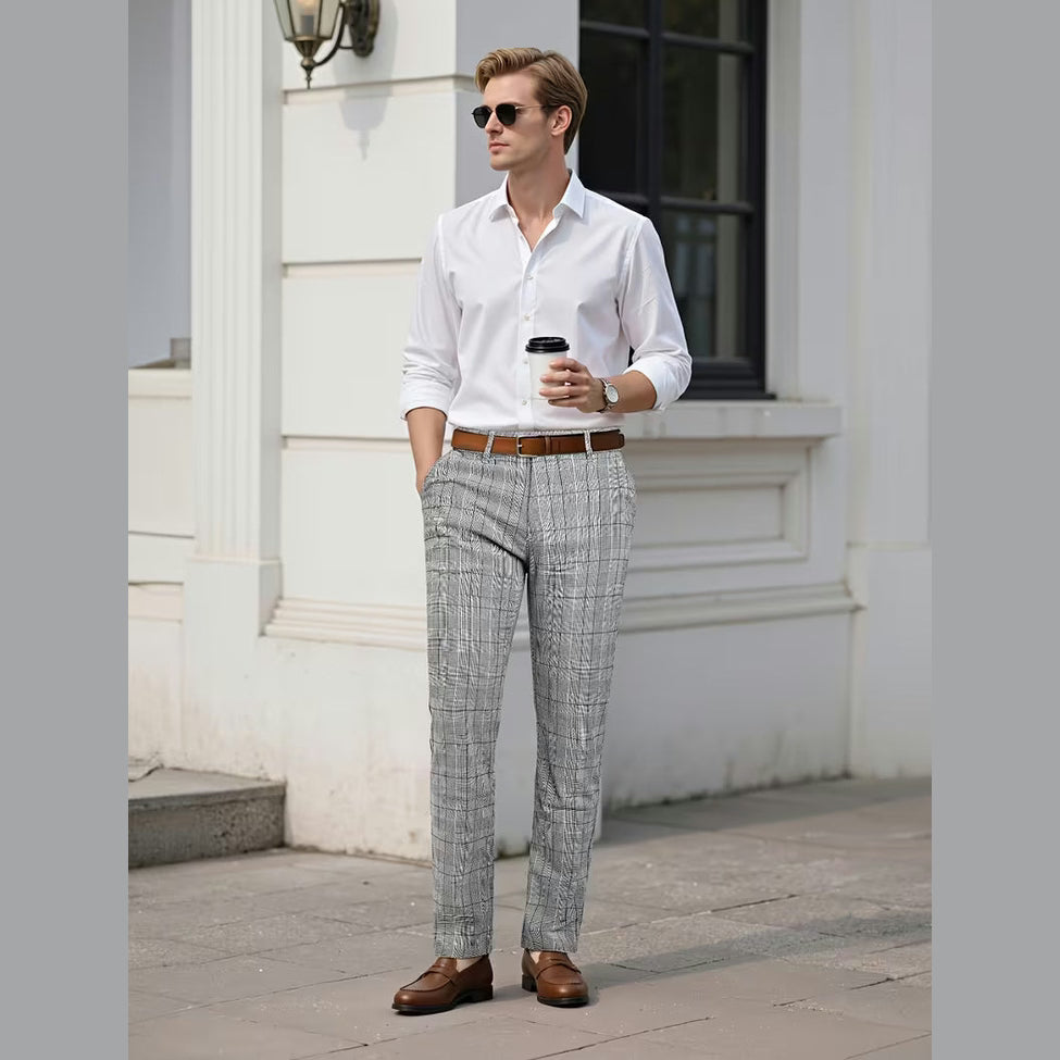Grey Tartan Slim Fit Suit Trousers for Men