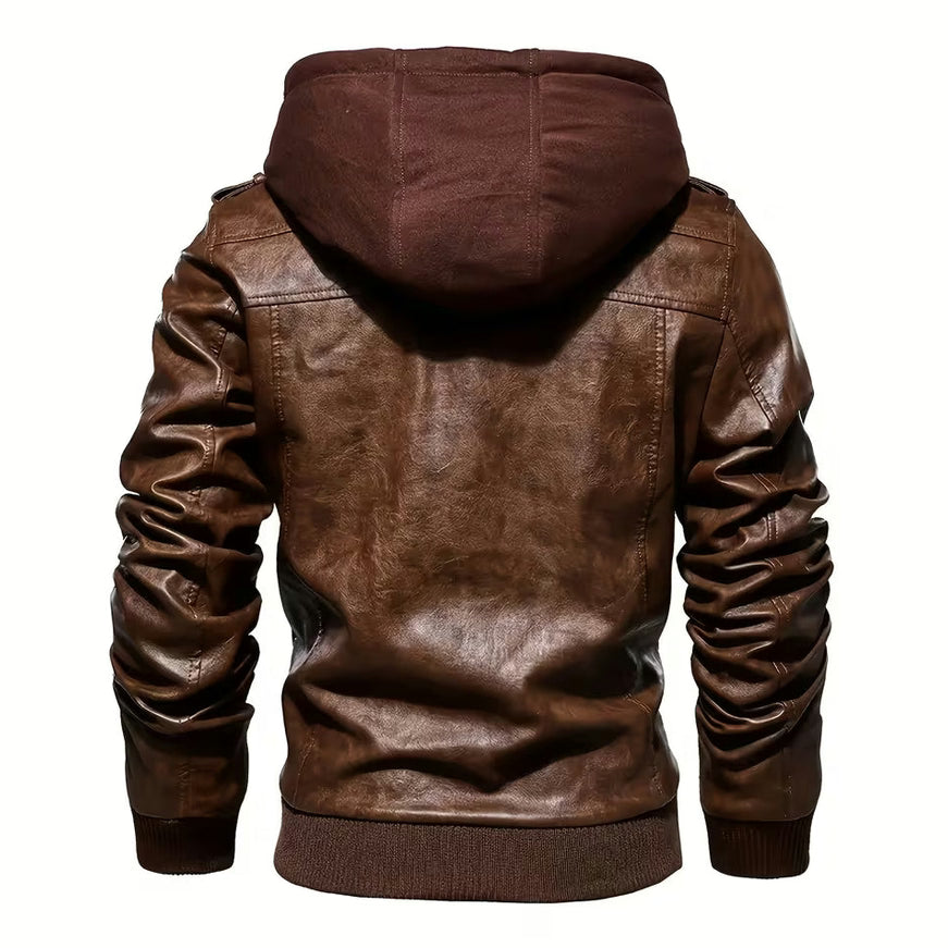 Vintage PU Leather Hooded Jacket for Men