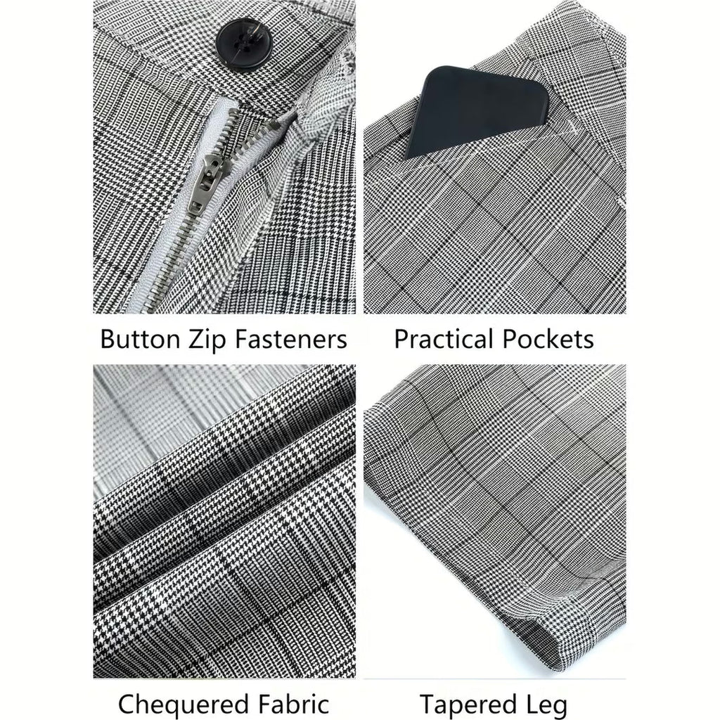 Grey Tartan Slim Fit Suit Trousers for Men